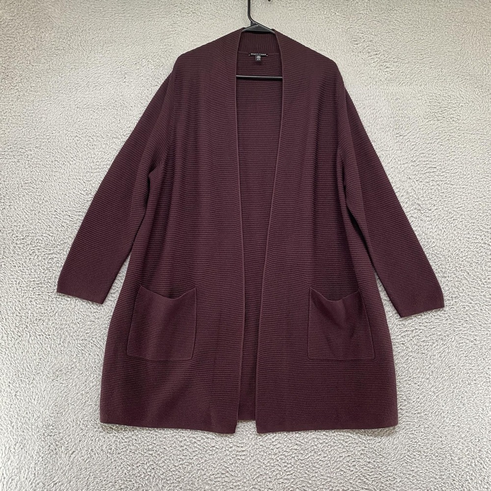 Eileen Fisher Cardigan Sweater Womens XL Purple Silk Cashmere Open Front Duster